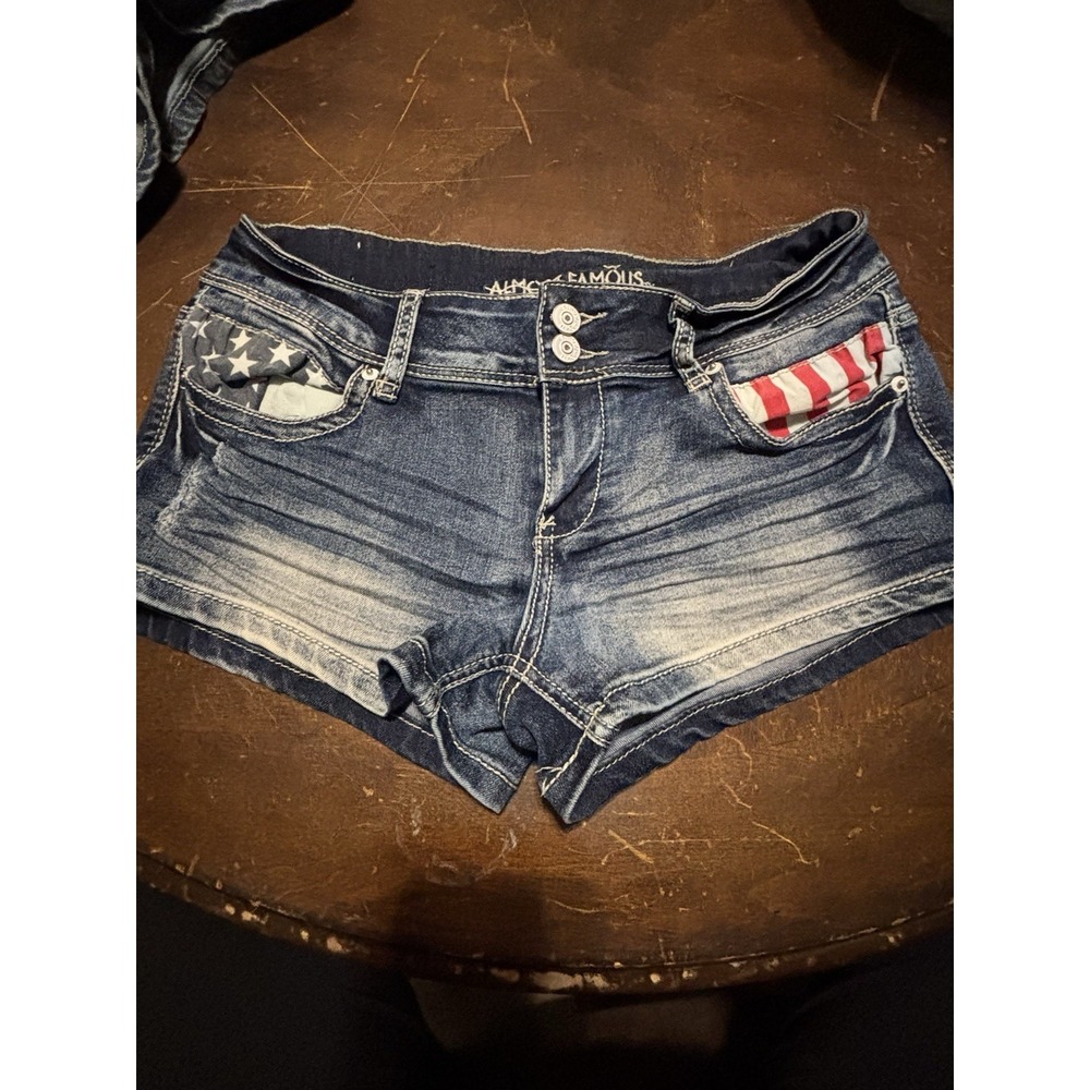 Almost Famous Women's Denim Shortie Shorts Stars Stripes 2 Button Zip Summer Y2K